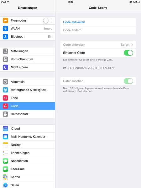 Wichtig ist seit iOS 7.1 der Bereich Einstellungen\Code. Hier sollten Anwender den Code für den Zugriff aktivieren und die Einstellung setzen, dass der Code sofort beim Zugriff eingegeben werden muss. (Bild: Joos)
