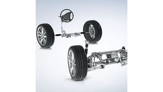 Die Kombination aus elektrischer Servolenkung an der Vorderachse und aktiver Hinterachskinematik erhöht die Fahrsicherheit des Pkw. (ZF Friedrichshafen)