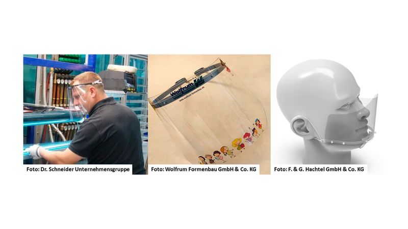 Bei der Produktion von Gesichtsvisieren werden natürlich bereits additive Fertigungsverfahren eingesetzt. Das kam dabei heraus. (Bild: Dr. Schneider / Wolfrum Formenbau / F. & G. Hachtel)