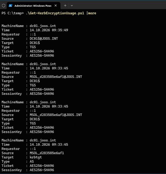 „Get-KerbEncryptionUsage.ps1“ listet für jede Ticketanfrage an „dc01.joos.int“ Quelle, Ziel und Tickettyp sowie die Verfahren für Ticket und Sitzungsschlüssel, hier ausschließlich AES256-SHA96. (Bild: Thomas Joos)