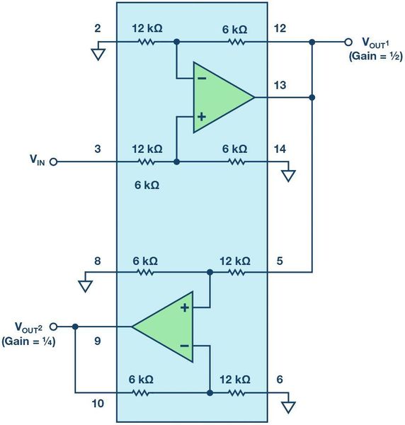 Bild 2: Präzisions-Verstärkerblock für Spannungsverstärkungen von ½ und ¼. (Analog Devices)