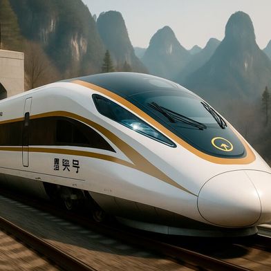 Die chinesische Hochgeschwindigkeits-Bahn „Gaotie“ soll künftig mit 350 km/h durch das Karstgebirge sausen. Der Yangcun-Tunnel wird Teil der neuen Strecke.  (Bild: GPT Image Editor / KI-generiert)