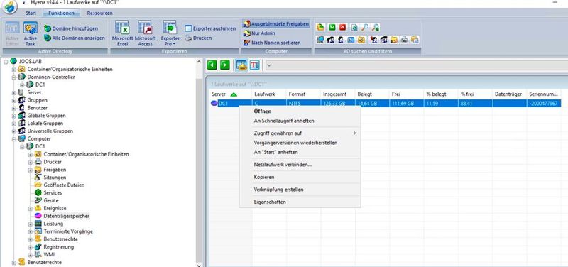 Verwalten der Datenträger in Hyena und überprüfen des freien Speicherplatzes. (Bild: Joos / SystemTools Software)
