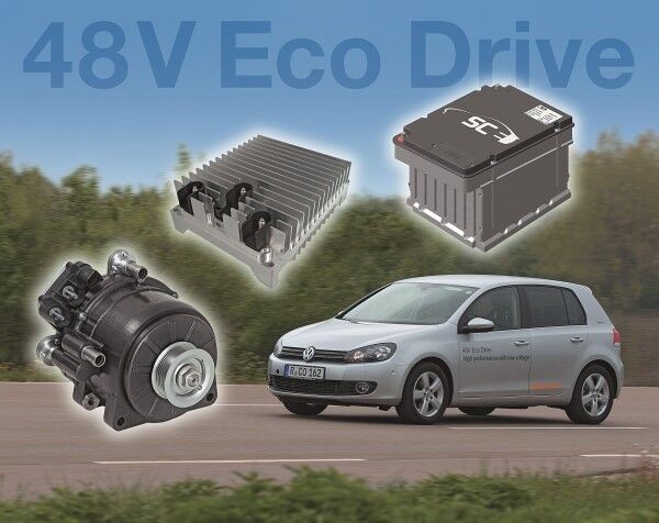 Systemüberblick des 48 Volt Eco Drive Komponenten:(1) E-Maschine mit integriertem Inverter(2) 48 /12 Volt DC/DC Konverter (3) Lithium Ionen Batterie (Bild: Continental)