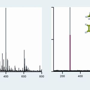 2	 Der Nachweis von Stearinsäure mittels der konventionellen 2,5-Dihydroxybenzosäure (links) und mittels des neuen Protonschwammes 1,8-bis(dimethylamino)naphtalen (proton sponge, rechts). Der Stearat Anion ist rot markiert.