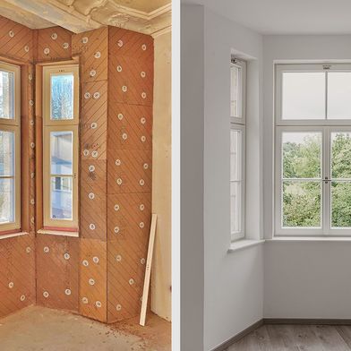 Dank der hohen Rohdichte schützt die Holzfaserinnendämmung effizient vor Wärmeverlust und puffert im Sommer die Hitze.  (Bild:  Udi Dämmsysteme)