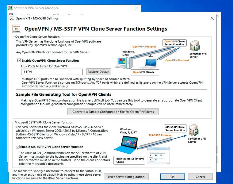 SoftEther-VPN unterstützt auch die Verbindung per OpenVPN und SSTP. (Bild: Joos- SoftEther Project (University of Tsukuba))