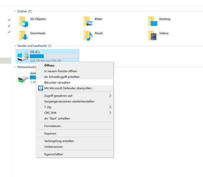 Bitlocker lässt sich über das Kontextmenü von Laufwerken im Windows-Explorer erreichen. (Joos)