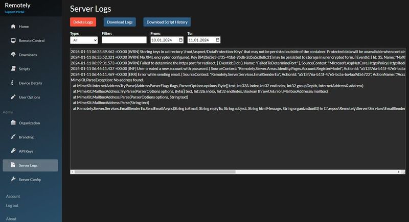 Anzeigen der Serverlogs von Remotely. (Bild: Joos - Immense Networks)