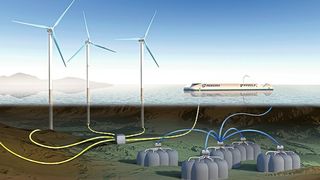 So soll die Remora-Anlage mal aussehen: Ein Modul über Wasser, auf dem die Technik verstaut ist und eines unter Wasser, wo die eigentliche Speicherung stattfindet. (Bild: Segula Technologies)