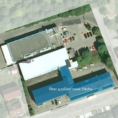 Luftbild des FELA-Gebäudes mit der Erweiterung durch die Osco-Fabrik (blau schraffiert). (FELA Leiterplattentechnik) (Archiv: Vogel Business Media)