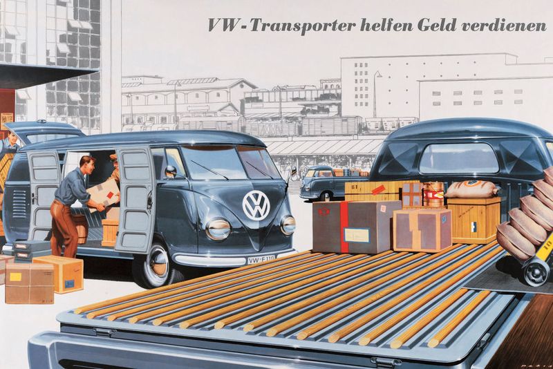 Ab 1951 waren zusätzlich zu den Kastenwagen Pritschenwagen im Angebot, zunächst mit einem dreisitzigen Fahrerhaus. Die Ladefläche war in der Höhe des Motorraums durchgehend. Die Seitenwände konnten ebenso wie die Heckklappe heruntergeklappt werden. Zwischen dem Motorraum und dem Fahrerhaus gab es einen geschützten Laderaum unterhalb der Ladefläche, der hinter einer seitlichen Klappe zu erreichen war (Tresorfach). Die Pritsche konnte mit einer Plane und Spriegel abgedeckt werden. Kommerziell war der Pritschenwagen ein Erfolg und rangierte in den Verkaufszahlen nur geringfügig unter dem Kastenwagen. Der Pritschenwagen war auch mit einer vergrößerten Pritsche in Holzbauweise erhältlich.  (Bild: Volkswagen Nutzfahrzeuge)