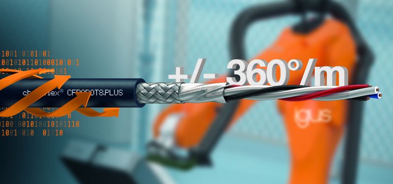 Neue DeviceNet-Leitung CFROBOT8.PLUS.030 ermöglicht zuverlässige Datenübertragung bei Torsionsbewegungen bis ±360°/m in hochdynamischen Robotikanwendungen.(Bild:  Igus SE & Co. KG)