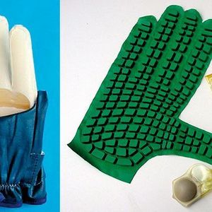 Bild 1: Aufbau von Vibrations-Schutzhandschuhen aus viskoelastischem Material: links mehrlagiger Aufbau, rechts genoppt und Luftkammerkissen.