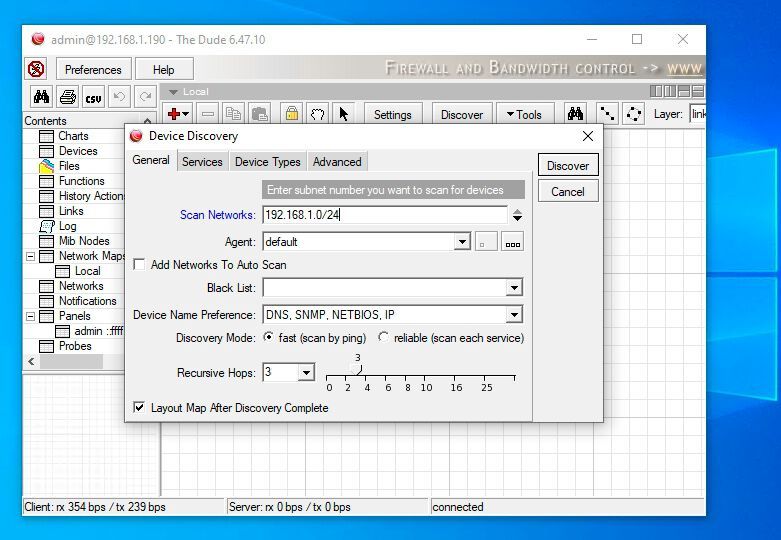 Nach dem Verbindungsaufbau mit dem Server kann The Dude das Netzwerk nach Geräten durchsuchen. (Bild: Joos / MikroTik)