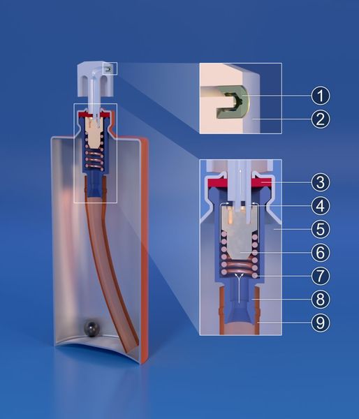 Beim Ventil dieser Sprühdose ist der Auslöser teil des Druckkopfes. Zudem besitzt dieses Model  keinen Dosenkopfeinsatz, es besteht also aus einem Stück. 
1) Sprüheinsatz
2) Druckkopf
3) Dichtungsring
4) Druckkopfstiel
5) Ventilgehäuse
6) Federkappe
7) Feder
8) Dosengehäuse
9) Eintauchschlauch.

Zur besseren Illustration des sonst im Verhältnis recht kleinen Ventils ist das Dosengehäuse nicht in einer üblichen Größe, sondern stark verkleinert, dargestellt. (Niabot/CC BY-SA 3.0 (http://creativecommons.org/licenses/by-sa/3.0) via Wikimedia Commons)