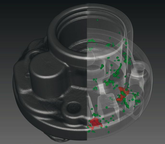 Prüfung im Materialinneren
Optische, radioskopische und Inline-CT-Prüfung
Die 3-D-Röntgen-Computertomographie (CT) ermöglicht die komplette Erfassung eines Objekts mit all seinen innenliegenden Strukturen und die Bestimmung aller wesentlichen Fehlermerkmale. Diese Technologie ist bislang vor allem als zerstörungsfreies Prüfverfahren zur Untersuchung von Prototypen im Laborbereich etabliert. 
Nun ist erstmals auch der Einsatz der CT-Technologie zur Inline-Prüfung möglich: Mithilfe eines extrem robusten Detektors, der durch kurze Belichtungszeiten bis zu einer Millisekunde eine schnelle Datenaufnahme erlaubt, und neuartigen und hocheffizienten Algorithmen zur Kombination von Volumenberechnung und Bildauswertung wurde ein Inline-CT-System realisiert, mit dem ein Objekt mittels 3-D-CT innerhalb von 30 Sekunden vollautomatisch geprüft werden kann. 
Aussteller: Fraunhofer IIS, Fürth (Fraunhofer IIS) (Archiv: Vogel Business Media)