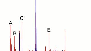 Abb. 2: Überlagerung der mit der eindimensionalen GC aufgezeichneten Signale der infrage kommenden Metaboliten der  Asparagusinsäure im Urin vor dem Spargelverzehr (blau) und danach (rot): Aceton (A), Essigsäureethylester (B),  4-Heptanon (C), 5-Methyl-2-(1-methylethyl)-cyclohexanon (D)  und 1-(1,5-Dimethyl-4-hexenyl)-4-methylbenzol. (Bild: Gerstel / Leco)