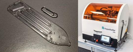 Abb.2: Der mikrofluidische Chip (l.) bildet das Herzstück der CTCelect-Plattform (r.) zur automatisierten Isolation von zirkulierenden Tumorzellen aus Patientenblut. Eine standardmäßige 7,5 mL Blutprobe reicht als Ausgangsmaterial aus. (Bild:  Stiefel)