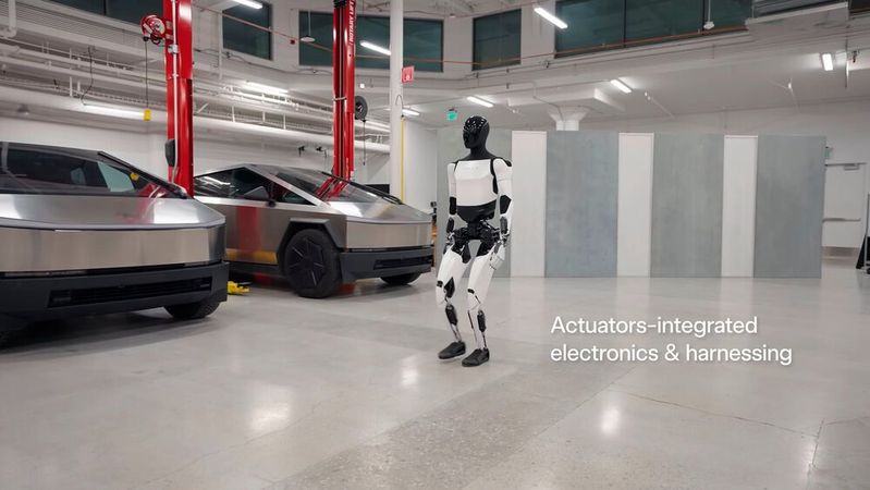 Im Juni 2024 behauptete Musk, dass Optimus im Jahr 2025 in begrenztem Umfang in Produktion gehen würde, mit Plänen für mehr als 1.000 Stück, die in Tesla-Einrichtungen verwendet werden sollen, und der Möglichkeit der Produktion für andere Unternehmen im Jahr 2026. Optimus wird vom Tesla-Supercomputer trainiert.(Bild:  Tesla)