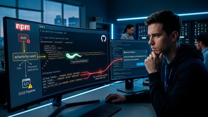 Die Hackergruppe TeamPCP schleust über ein gekapertes Maintainer-Konto Schadcode in AntV-npm-Pakete und stiehlt GitHub-Token aus CI/CD-Pipelines.(Bild:  Gemini / KI-generiert)