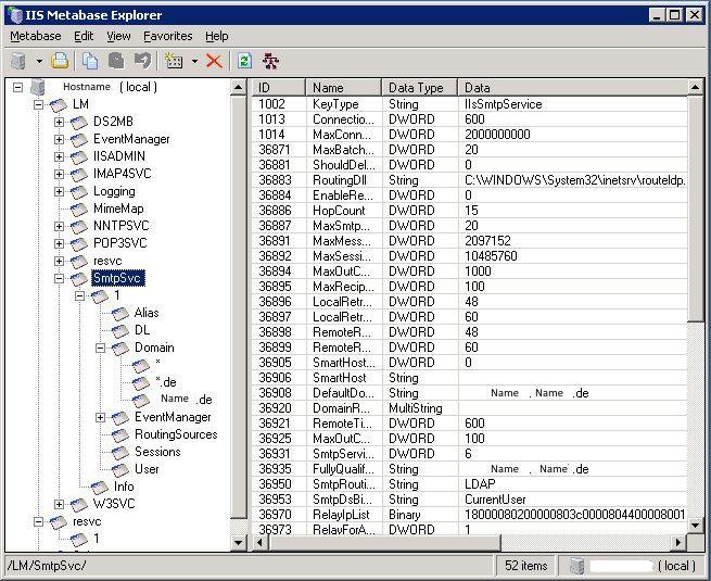Abbildung 2: Die IIS-Metabase enthält die Exchange-Einstellungen der virtuellen SMTP-Server, die der Reihe nach durchnummeriert werden. Aus Datenschutzgründen sind die Hostnamen entfernt worden. (Archiv: Vogel Business Media)