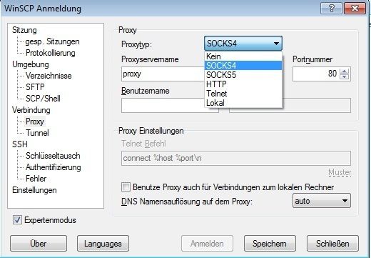 Abbildung 8: WinSCP unterstützt diverse Proxy, wie in der Abbildung zu sehen ist. Wird ein Microsoft ISA Server 2006 verwendet ist der Eintrag „Kein“ auszuwählen. (Archiv: Vogel Business Media)