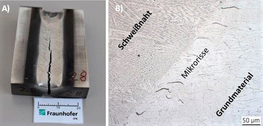 Beispiele für Heißrisse: A) So sollte es nicht aussehen! Ein klassischer Erstarrungsriss beim Werkstoff Alloy 247 vor der Optimierung. B) Unerwünscht aber kalkulierbar – Mikrorisse am Übergang von Schweißnaht zum Grundmaterial bei Inconel 939.(Bild:  Fraunhofer IPK)