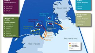 Um den Strom von Meereswindparks über lange Strecken zuverlässig an Land zu bringen, setzt der deutsch-niederländische Übertragungsnetzbetreiber TenneT auf verlustarme Hochspannungsgleichstromübertragung (HGÜ). Siemens realisiert insgesamt fünf der bisher neun beauftragten Offshore-Netzanbindungen in der Nordsee und leistet so einen Beitrag zu einer erfolgreichen Energiewende. (Siemens)