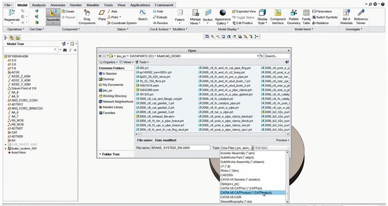 Bild 4: PTC Creo Parametric kann sowohl neutrale Datenformate wie Step, Iges oder DXF importieren als auch Catia-, Solidworks-, und Siemens-NXTM-Dateien öffnen – ohne zusätzliche Software oder Konverter. (PTC)