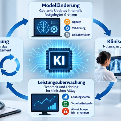 Ändern, einsetzen, überwachen, nachsteuern: Nach britischen Plänen soll die Aufsicht über KI-Medizinprodukte künftig als Regelkreis funktionieren.  (Bild: Redaktion Devicemed; KI-generiert)