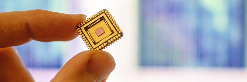 Für ihr Projekt haben die Forscher Tausende von mikroskopischen Aufnahmen von Mikrochips gemacht. Hier ist ein solcher Chip in einem goldenen Chipgehäuse zu sehen. Die untersuchte Chipfläche ist nur etwa zwei Quadratmillimeter groß. Für ihr Projekt haben die Forscher Tausende von mikroskopischen Aufnahmen von Mikrochips gemacht. Hier ist ein solcher Chip in einem goldenen Chipgehäuse zu sehen. Die untersuchte Chipfläche ist nur etwa zwei Quadratmillimeter groß.