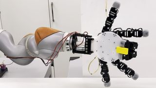 Die Roboterhand kann bis zu sechs identische Finger mit Silikonspitzen aufnehmen und behebt so die menschliche Asymmetrie, indem jede beliebige Fingerkombination opponierende Paare für einen daumenähnlichen Pinch‑Griff bilden kann. (Bild: EPFL)