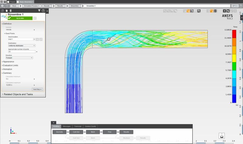 Hier werden die Strömungslinien abgebildet. Im Fenster links oben werden alle Einstellungen vorgenommen.  (Bild: Cadfem)