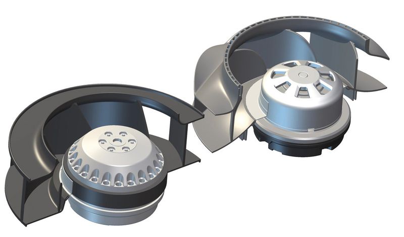 Die Greentech-EC-Motoren (re.) von Ebm-Papst sind trotz integrierter Kommutierungs- und Ansteuerelektronik so kompakt wie deren herkömmliche AC-Motoren (li.). (Bild: Ebm-Papst)