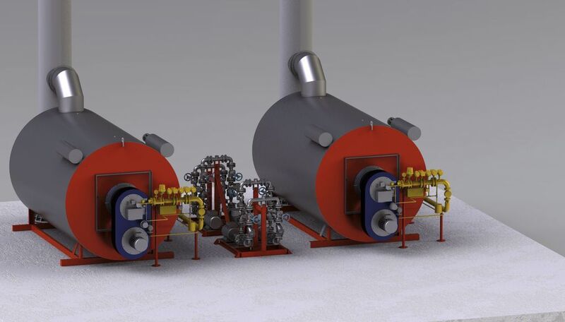 Wärmeträgeranlage bestehend aus zwei gasbefeuerten Kessel á 4.500 kW Leistung, Brennstoff-Strecken, Kaminanlagen und Doppelpumpen-Stationen  (Bild: Heat11)