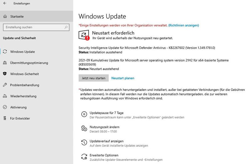 Neustart nach der Installation von Updates für Windows Server 2022. (Bild: Microsoft / Joos)