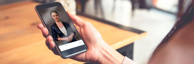 Virtuell, aber lebensecht: Mittels 3D-Technologie wird Kia Mia visuell „zum Leben erweckt“. Dank integrierter Kameras und Mikrofone erkennt die digitale Verkaufsberaterin, wenn mit ihr gesprochen wird und kann darauf reagieren.  Aktuell kann Kia Mia u.a. mit einer Wissensdatenbank über Kia-Fahrzeugmodelle aufwarten.(Bild:  NTT Data Business Solutions)