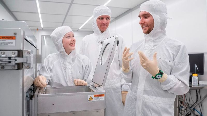 Lauren Riddiford, Aleš Hrabec et Jeffrey Brock (de gauche à droite) dans la salle blanche du Park Innovaare, juste à côté du PSI. C'est ici que sont créées les nouvelles structures magnétiques, qui sont modifiées de manière ciblée au laser.  (Source : Institut Paul Scherrer PSI/ Mahir Dzambegovic)