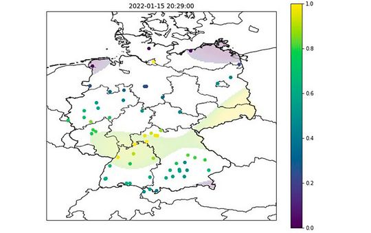 Die Luftdruckwelle (gelbe Fläche) der Explosion des Vulkans Hunga Tonga über Deutschland. Die Punkte repräsentieren die Standorte der we4bee-Bienenstöcke.(Lehrstuhl für Data Science / Universität Würzburg)