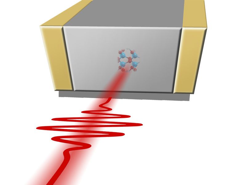 Ein Laserpuls trifft auf ein Stück Glas zwischen zwei Elektroden und ändert die Materialeigenschaften. (TU Wien)