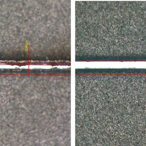 Sonplas hat mit dem Axialscan-II-50 von Raylase Graphit-Anoden mit 260 Mikrometer Dicke bearbeitet. Links vor der Bearbeitung, rechts danach. Man sieht, wie sauber die Schnittkanten sind.