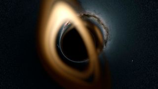 Zoomfahrt zum schwarzen Loch Gaia BH1. Hintergrund: die entsprechende Region der Milchstraße; Kachel 1: ein Bild des Sterns, der das schwarze Loch umkreist; Kachel 2: rekonstruierte Umlaufbahn des Sterns um das schwarze Loch; Kachel 3: relativistische Lichtablenkungs-Effekte die wir sehen würden, wenn wir das Binärsystem mit dem schwarzen Loch aus der Nähe beobachten könnten. (Bild: Zoomfahrt zum schwarzen Loch Gaia BH1 / T. Müller (MPIA), PanSTARRS DR1 (K. C. Chambers et al. 2016) / CC BY-SA 3.0)