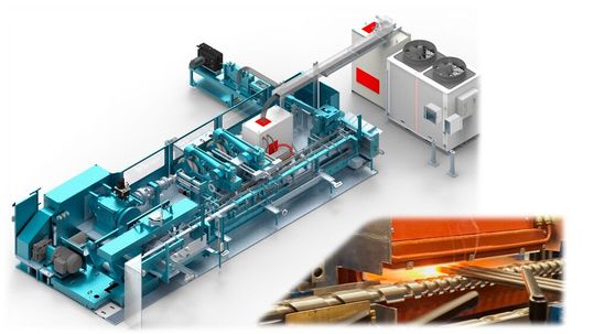 Amba Bolzenmaschine BM 12 mit eine induktiven Einheit zur Erwärmung der Produkte für die Warmumformung.(Bild:  Aachener Maschinenbau)