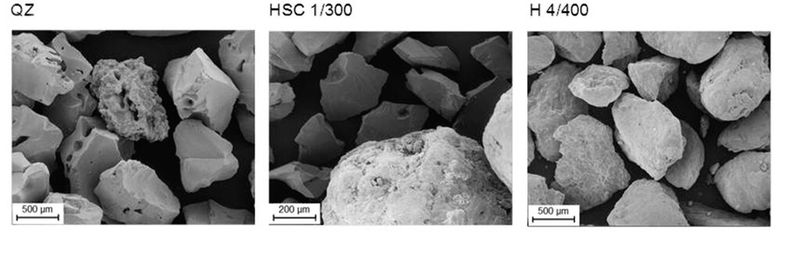 Bild 2: REM-Aufnahme der einzelnen Läppmittel, die für das Tauchgleitläppen verwendet wurden. (Bild: Fraunhofer-IPK)