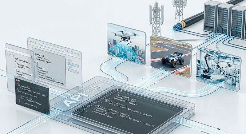 Programmierbare Netze in der Praxis: Über APIs und Code-Schnittstellen steuern Anwendungen die physische Infrastruktur direkt von der Priorisierung für Drohnenflüge bis zur Latenz für Industrieroboter.(Bild:  KI-generiert)