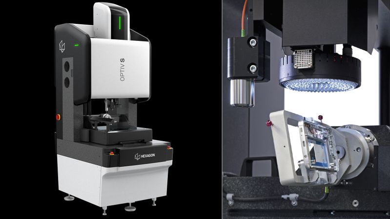 Links: Die neu entwickelte optische Koordinatenmessmaschine Optiv S kombiniert höhere Genauigkeit, gesteigerten Durchsatz und KI-gestützte Messfunktionen, um Herstellern eine schnellere Qualitätsprüfung zu ermöglichen.  Rechts: Die Optiv S wurde für anspruchsvolle Messaufgaben an komplexen und hochwertigen Bauteilen in der Elektronik, Medizintechnik, Automobilindustrie und Präzisionsfertigung entwickelt.(Bild:  Hexagon)