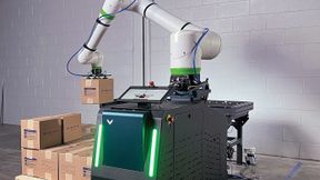 Mobil und flexibel: Die Vention-Plattform kombiniert autonome Transportfahrzeuge mit Cobot-Technologie und lässt sich so je nach Bedarf im Werk neu positionieren.  (Bild: Vention)