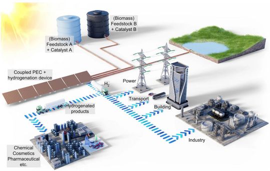 Illustration der solarbetriebenen photoelektrochemischen PEC- und Hydrierungsanlage. Die gekoppelte Anlage nutzt Sonnenlicht zur Erzeugung von Wasserstoff. Ein Teil des Wasserstoffs reagiert in situ mit Biomasse-Ausgangsstoffen zu wertvollen Chemikalien.(Bild:  H. Tahini, ScienceBrush Design)