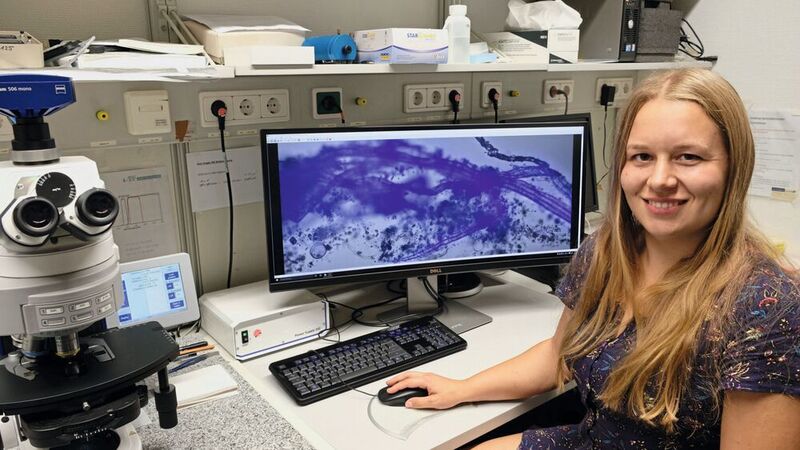 Clarissa Karthäuser im Labor. Auf dem Bildschirm ist ein angefärbtes und stark vergrößertes „Schneeflocken“-Teilchen aus dem Meer zu sehen. (Max-Planck-Institut für Marine Mikrobiologie/S. Ahmerkamp)